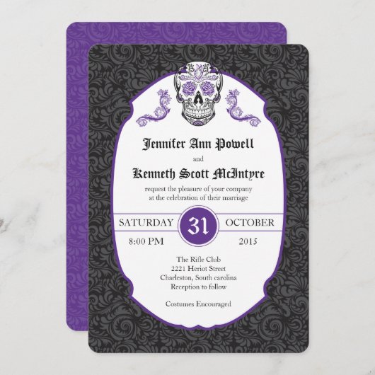 砂糖のスカルのすみれ色のダマスク織の結婚式招待状 招待状 (正面/裏面)