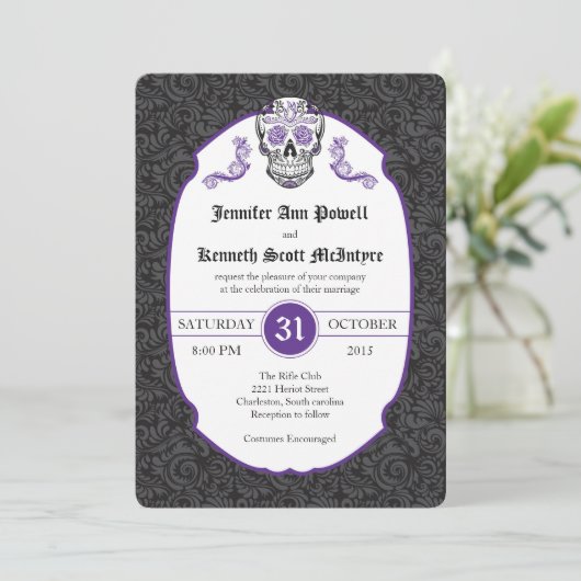 砂糖のスカルのすみれ色のダマスク織の結婚式招待状 招待状 (スタンド正面)