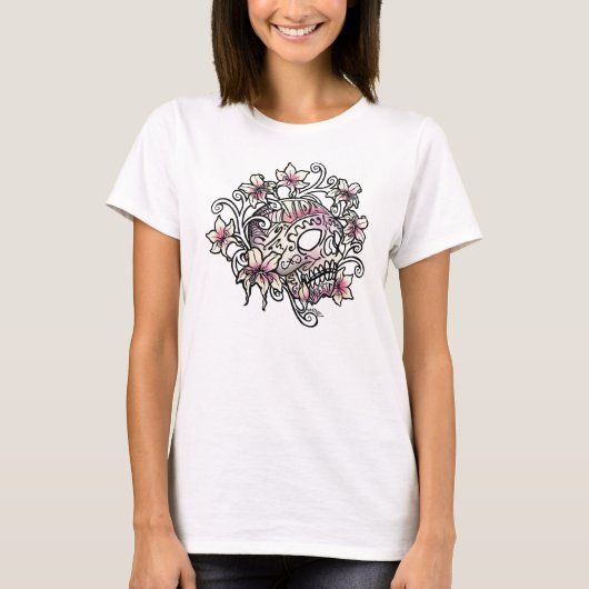 砂糖のスカルのつる植物の花 Tシャツ (正面)