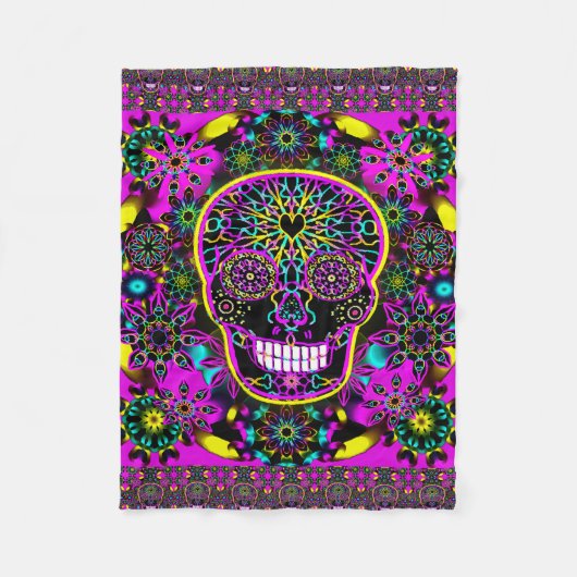 砂糖のスカルのネオンのピンク フリースブランケット (正面)