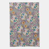 砂糖のスカルのハロウィンの灰色 キッチンタオル (縦)