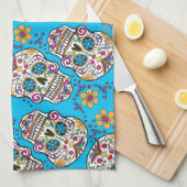 砂糖のスカルのハロウィンの青 キッチンタオル (四つ折り)