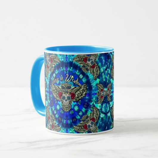 砂糖のスカルのフクロウart.が付いている知恵の絞り染めの平和 マグカップ (正面左)