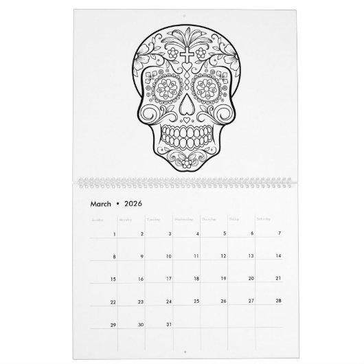 砂糖のスカルの大人の着色のカレンダー カレンダー (3月 2026)