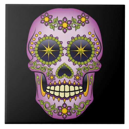 砂糖のスカルの紫色の花柄 タイル (正面)