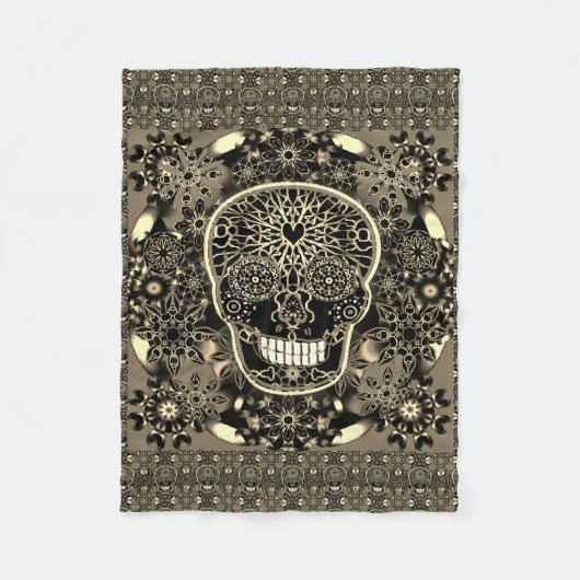 砂糖のスカルの黒および金ゴールド フリースブランケット (正面)