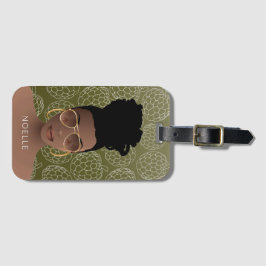砂糖りんご柄、黒人女性、オリーブグリーンラグ ラゲッジタグ