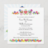 砂糖カスタムスカルと花 – 青い背景 招待状 (正面/裏面)