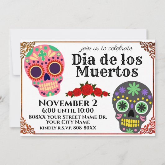 砂糖カラフルスカルの日の死んだパーティーinvita 招待状 (正面)