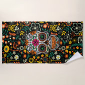 砂糖カラフルスカルレトロ花背景 ビーチタオル (正面)