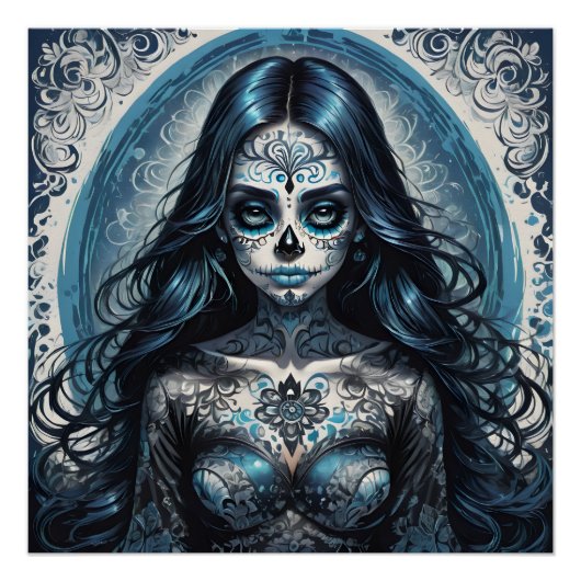 砂糖カラフルスカルno 1b光沢ポスター ポスター (正面)