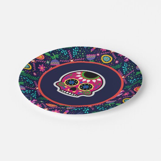 砂糖スカルとフラワーズディアスデロスムエルトス ペーパープレート (アングル)