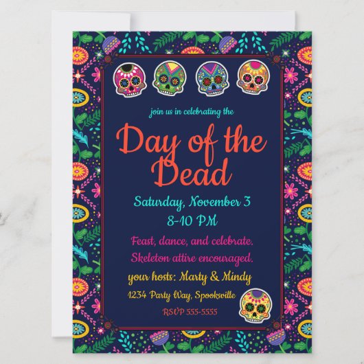 砂糖スカルとフラワーズディアスデロスムエルトス 招待状 (正面)