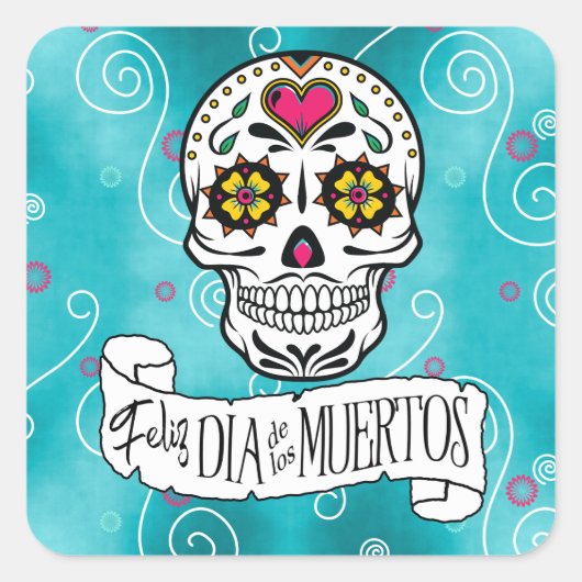 砂糖スカルと渦巻きターコイズID725 スクエアシール (正面)