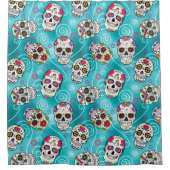 砂糖スカルと渦巻きバラターコイズID725 シャワーカーテン (正面)