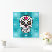 砂糖スカルと渦巻きバラターコイズID725 スクエア壁時計 (ホーム)
