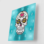 砂糖スカルと渦巻きバラターコイズID725 スクエア壁時計 (傾斜)