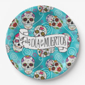 砂糖スカルと渦巻きバラターコイズID725 ペーパープレート (正面)