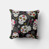 砂糖スカルと渦巻きバラブラックID725 クッション (正面)