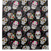 砂糖スカルと渦巻きバラブラックID725 シャワーカーテン (正面)