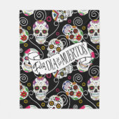 砂糖スカルと渦巻きバラブラックID725 フリースブランケット (正面)