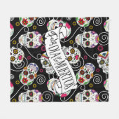 砂糖スカルと渦巻きバラブラックID725 フリースブランケット (正面(横))