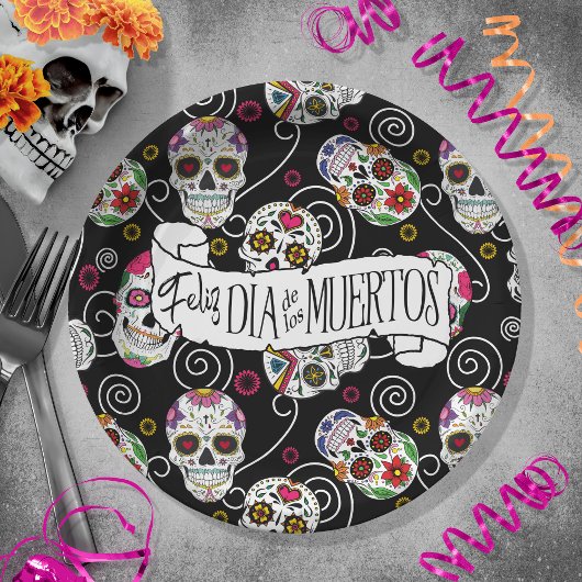 砂糖スカルと渦巻きバラブラックID725 ペーパープレート