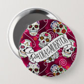 砂糖スカルと渦巻きバラ赤D725 缶バッジ (正面&裏面)