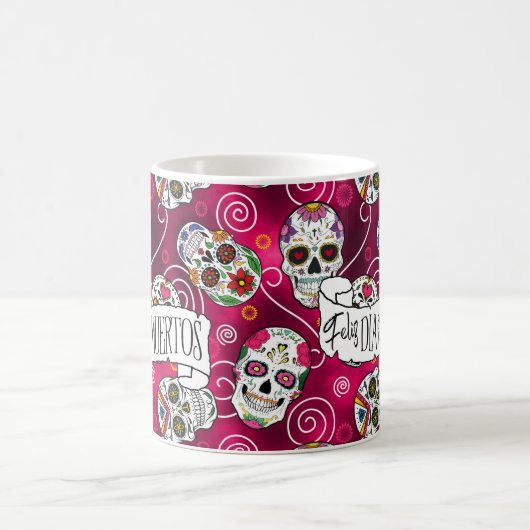 砂糖スカルと渦巻きバラ赤ID725 コーヒーマグカップ (中央)