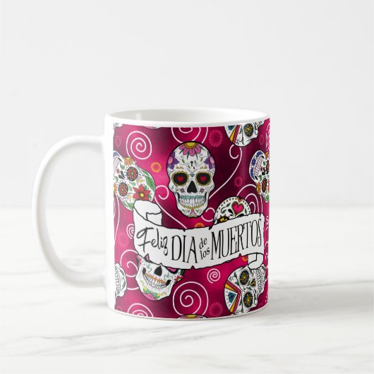 砂糖スカルと渦巻きバラ赤ID725 コーヒーマグカップ (左)