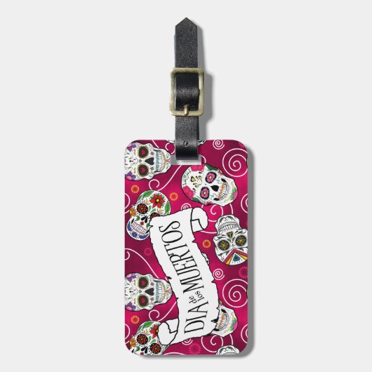 砂糖スカルと渦巻きバラ赤ID725 ラゲッジタグ (正面縦)