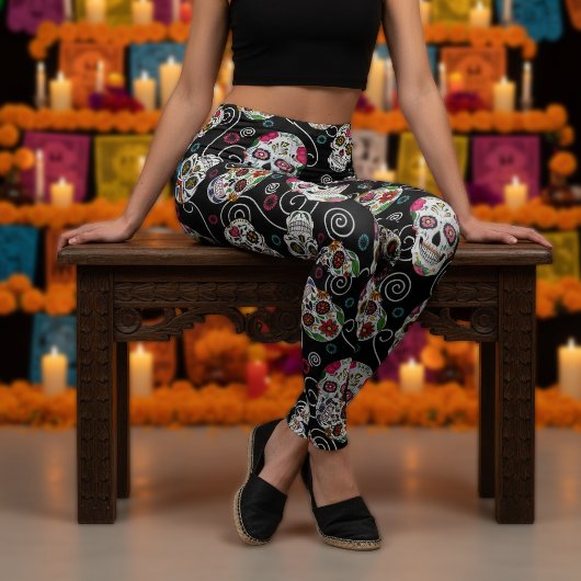 砂糖スカルと渦巻きブラックID725 レギンス