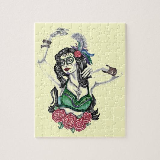 砂糖スカルの女性とバラ ジグソーパズル (縦)