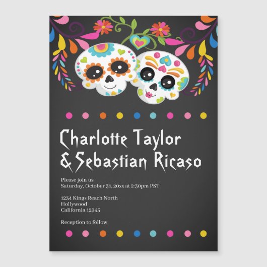 砂糖スカルの日の死んだおもしろいカラフルの結婚日 マグネット招待状 (正面)