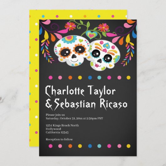 砂糖スカルの日の死んだおもしろいカラフルの結婚日 招待状 (正面/裏面)