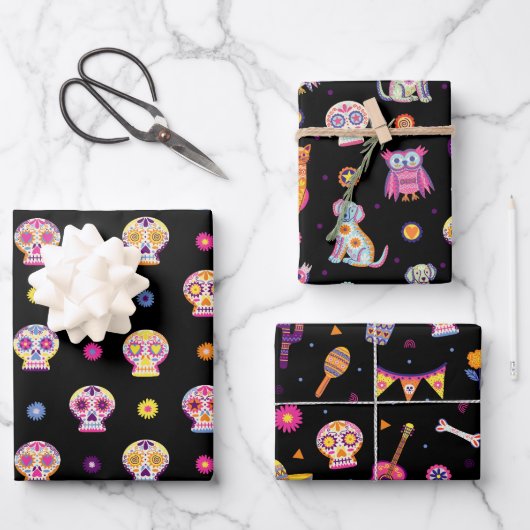 砂糖スカルの日の死んだハロウィーンカラフル ラッピングペーパーシート (正面)