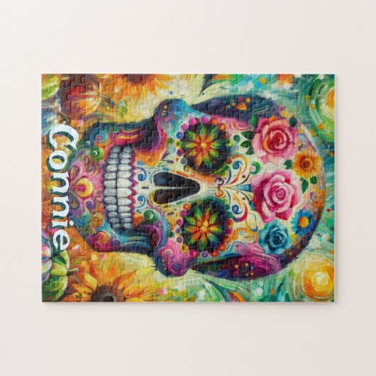 砂糖スカルの日の死んだフローラ パーソナライズされた ジグソーパズル (横)