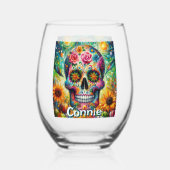 砂糖スカルの日の死んだフローラ パーソナライズされた ステムなしワイングラス (正面)