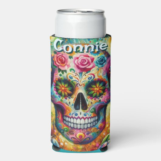砂糖スカルの日の死んだフローラ パーソナライズされた スリム缶クーラー (Seltzer正面)