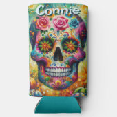 砂糖スカルの日の死んだフローラ パーソナライズされた スリム缶クーラー (裏面)