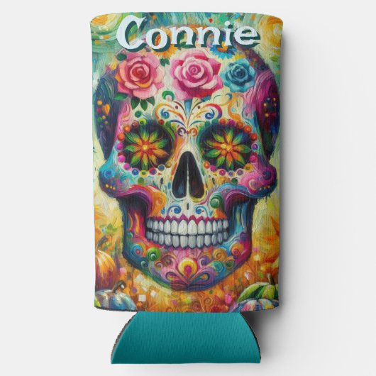 砂糖スカルの日の死んだフローラ パーソナライズされた スリム缶クーラー (裏面)