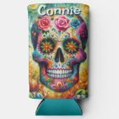 砂糖スカルの日の死んだフローラ パーソナライズされた スリム缶クーラー (正面)