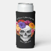 砂糖スカルアートコラージュカラフルフラワーオンブラック スリム缶クーラー (Seltzer正面)