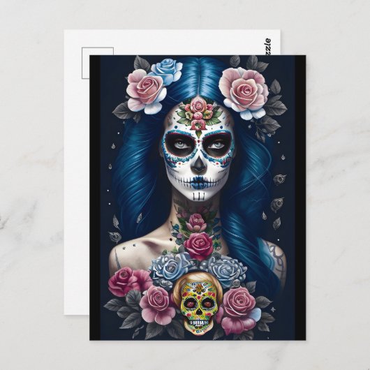 砂糖スカルアート – スカルメイクアップで女性を叩く ポストカード (正面/裏面)