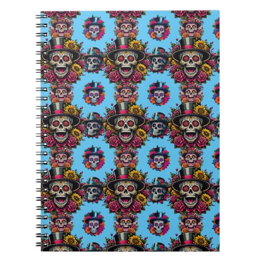 砂糖スカルアート – トップハットフローラフィエスタ（スカイブルー） ノートブック (正面)