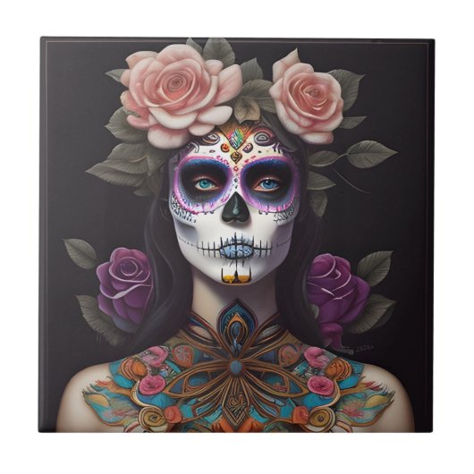 砂糖スカルアート – メイクアップの女性 タイル (正面)