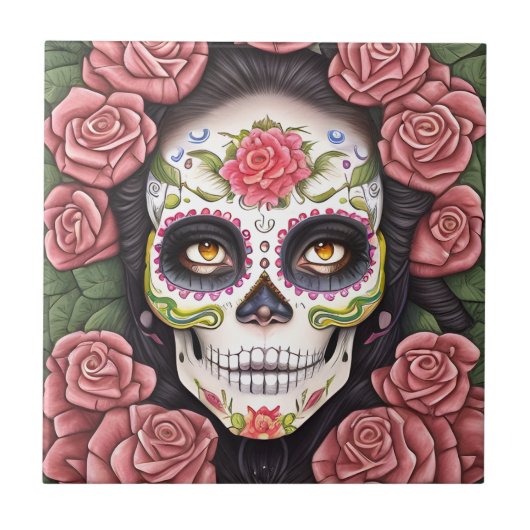 砂糖スカルアート – メイクアップ付き女性 タイル (正面)