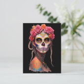 砂糖スカルアート – 編み髪とピンクの女の子 ポストカード (スタンド正面)