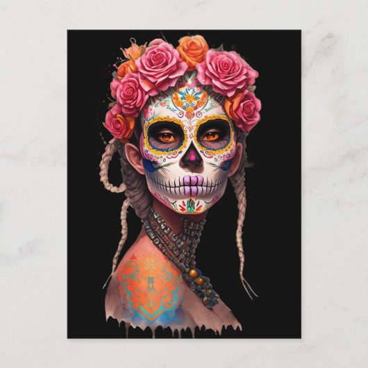 砂糖スカルアート – 編み髪とピンクの女の子 ポストカード (正面)