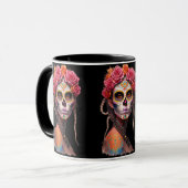 砂糖スカルアート – 編み髪とピンクの女の子 マグカップ (正面左)